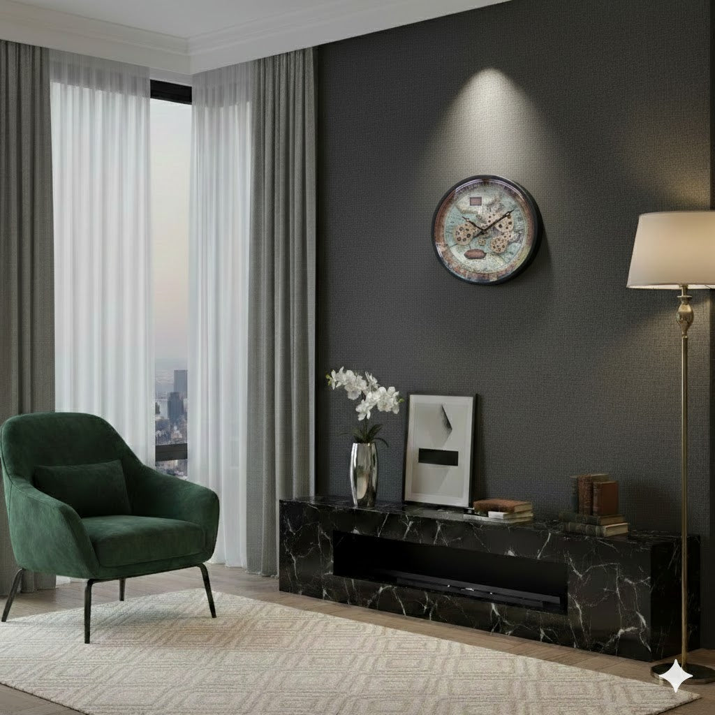 Industriële radarklok Boaz met draaiende tandwielen en wereldkaart aan een donkere wand in een hotel chique woonkamer met groene fauteuil en marmeren meubel rimisa