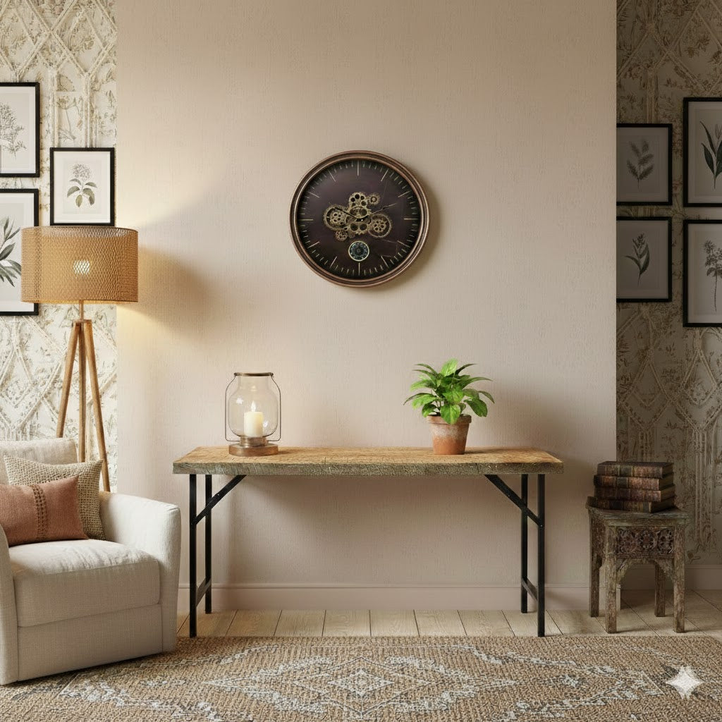 Industriële gouden radarklok Budapest met thermometer aan een warme zandkleurige muur boven een robuuste houten sidetable in een sfeervol Rimisa interieur.