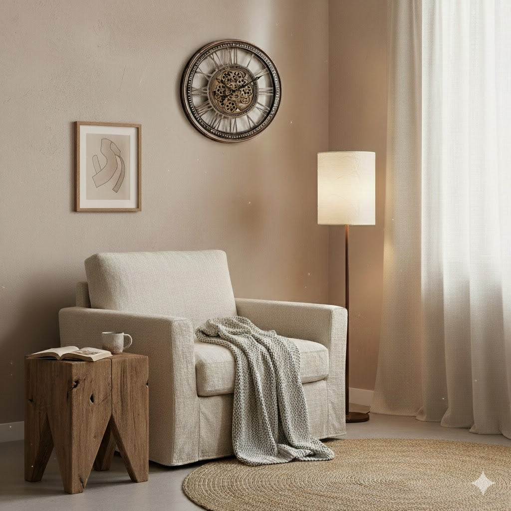 Rustiek houten wabi-sabi bijzettafel in een Japandi stijl woonkamer met beige fauteuil en industriële wandklok, Rimisa.