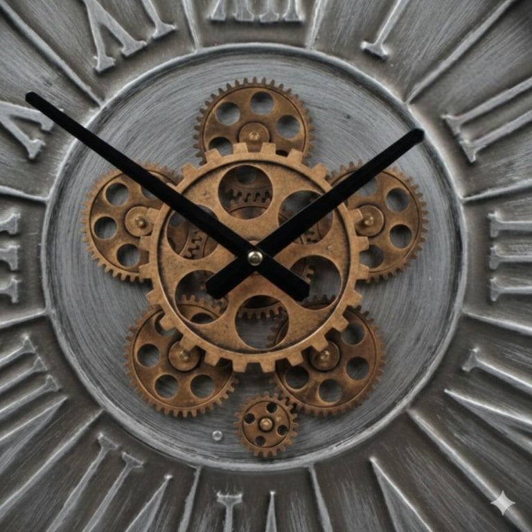 Detail van de Radarklok Hamburg S met vintage messingkleurige draaiende tandwielen en gestanst staal met Romeinse cijfers van Rimisa.