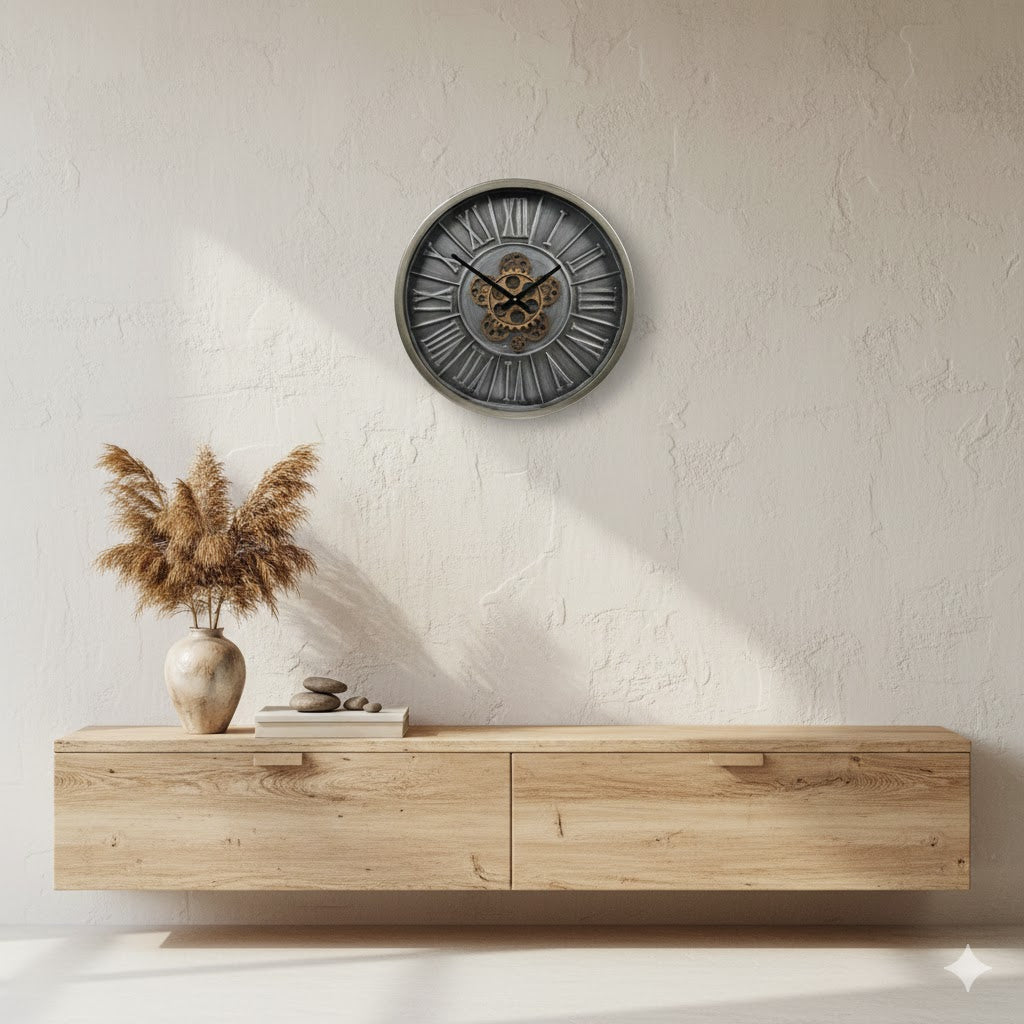 Industriële radarklok Hamburg S boven een minimalistisch houten wabi-sabi wandmeubel in een sereen en licht interieur van rimisa