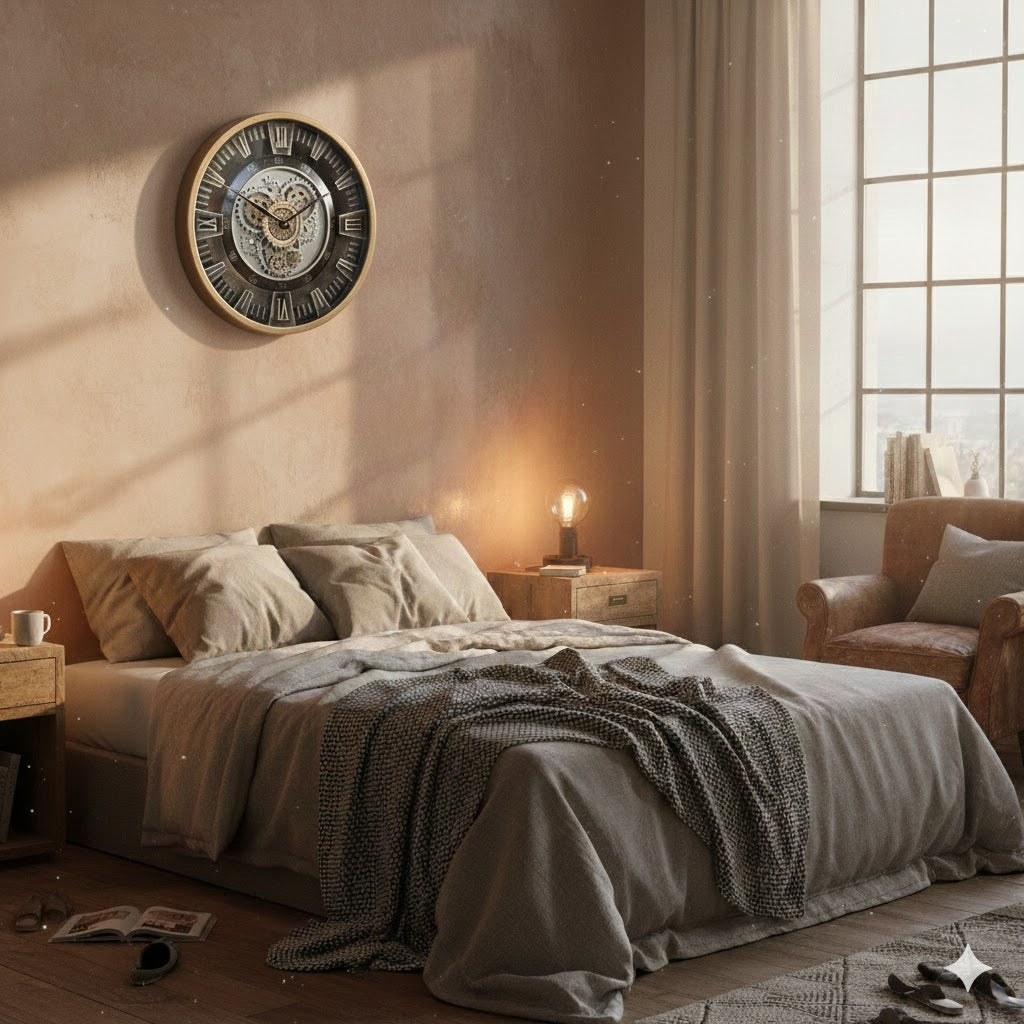 Industriële radarklok Misty van 46 cm met draaiende tandwielen boven een bed in een sfeervolle slaapkamer van rimisa