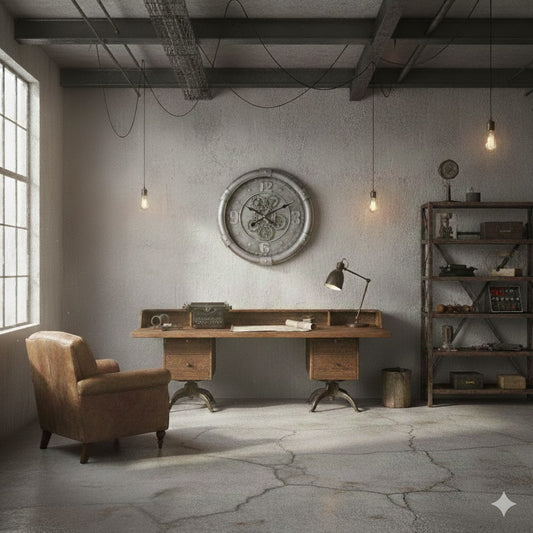 Sfeervolle werkkamer met de zilveren Darlington radarwandklok aan een betonnen muur boven een houten bureau, die een warm en persoonlijk paradijs creëert bij Rimisa.