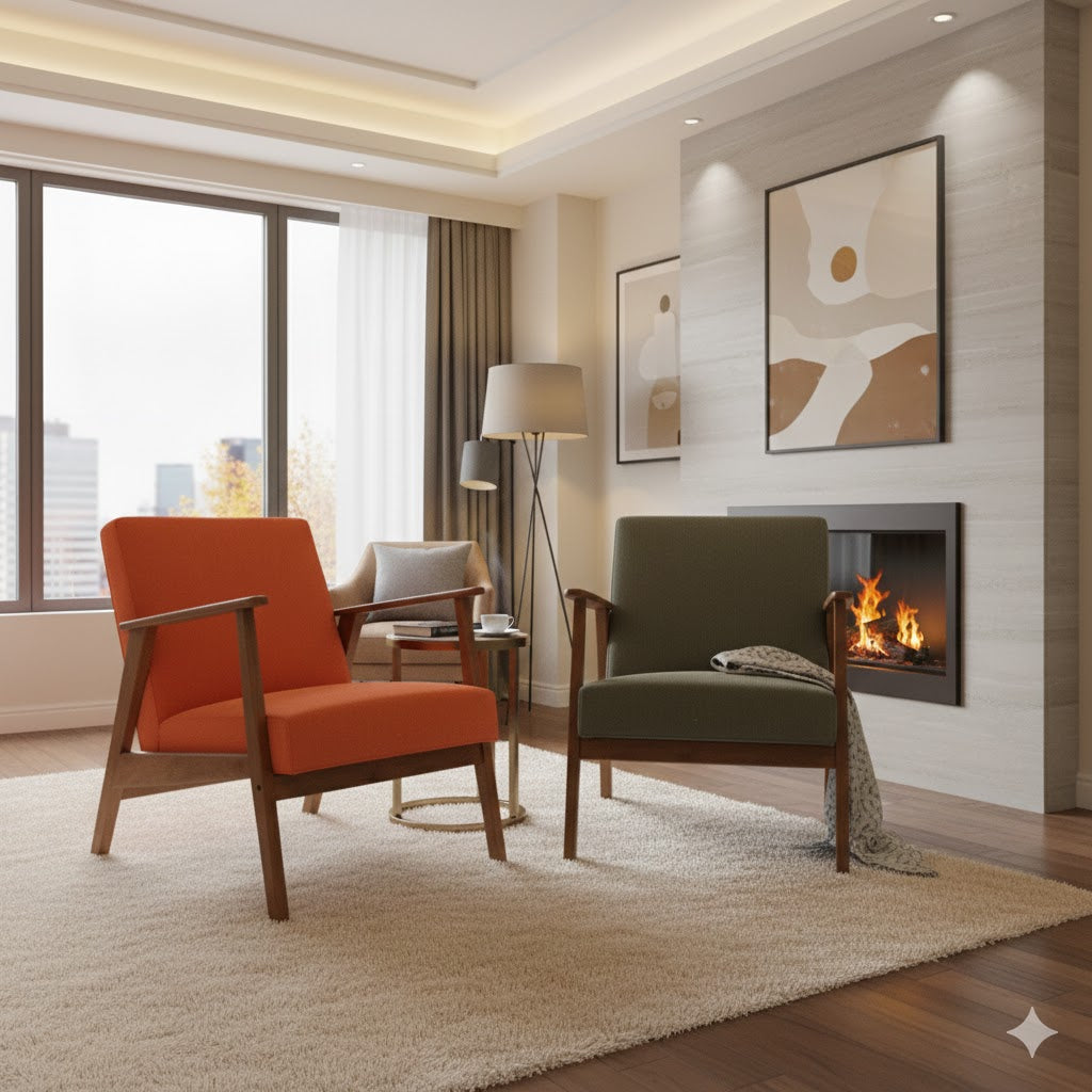 Set van twee Mooss retro fauteuils in olijfgroen en terracotta oranje bij een sfeervolle haard in een modern interieur van rimisa