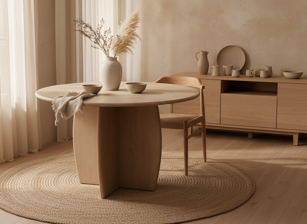 Eetkamertafel Ø120 Acacia Verweerd Hout - Lifestyle Setting Japandi