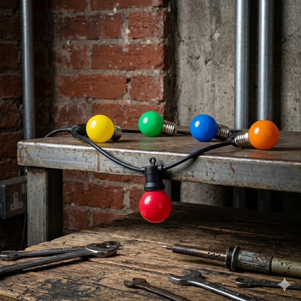 Gekleurde 1W LED-lampen set (rood, geel, groen, blauw, oranje) met E27 fitting en polycarbonaat kap, gedrapeerd over een metalen werkbank in een industriële werkplaats met bakstenen muur. De Rimisa prikkabel ledlampen zijn niet-dimbaar.