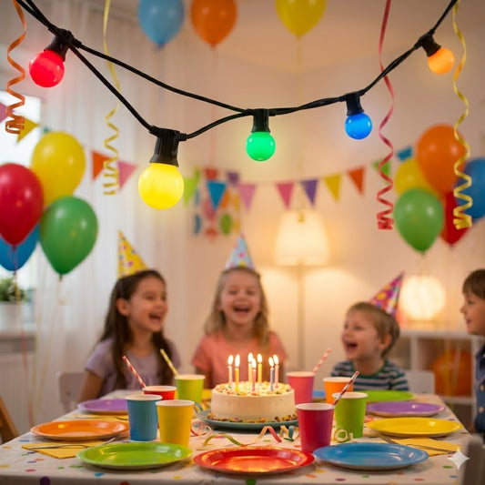 Gezellig kinderfeestje binnenshuis met Rimisa gekleurde prikkabel LED-lampen (rood, geel, groen, blauw, oranje) met E27 fitting gedrapeerd over het plafond boven een feesttafel. De 1W polycarbonaat kappen zijn valbestendig. De lampen zijn niet-dimbaar.