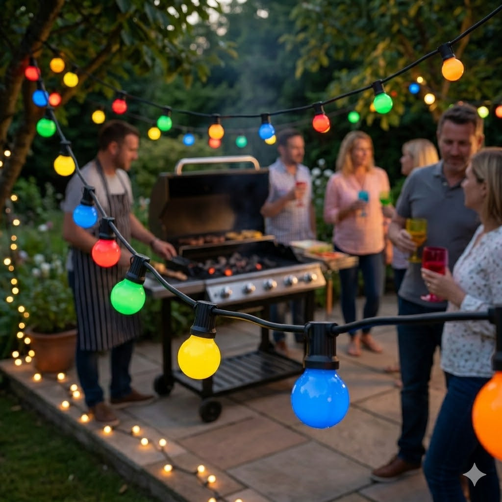 Gezellig tuinfeest met volwassenen bij schemering, met Rimisa gekleurde prikkabel LED-lampen (rood, geel, groen, blauw, oranje) met E27 fitting gedrapeerd over de patio. De 1W polycarbonaat kappen zijn valbestendig. De lampen zijn niet-dimbaar.