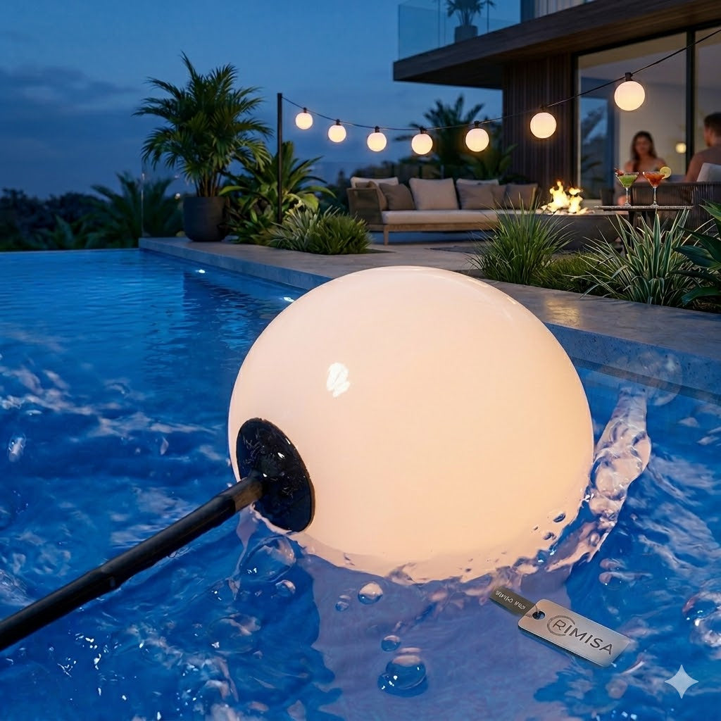 Een Rimisa IP65 10cm doorsnede sfeerlichtbol van een lichtbollensnoer, verlicht en drijvend in de actieve, blauwe water rimpelingen van een modern zwembad bij schemering. Op de achtergrond is een gezellige terrasbijeenkomst zichtbaar met meer verlichting.
