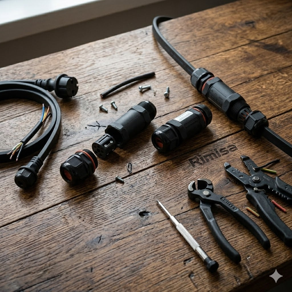 Een gedetailleerde weergave op een industriële werkbank van de complete Rimisa IP67 reparatieset voor prikkabel, met een geëxplodeerd overzicht, een deels gemonteerde gland en een volledig gekoppelde IP67-verbinding. Een fitting schroevendraaier, kniptang en striptang zijn ook zichtbaar.