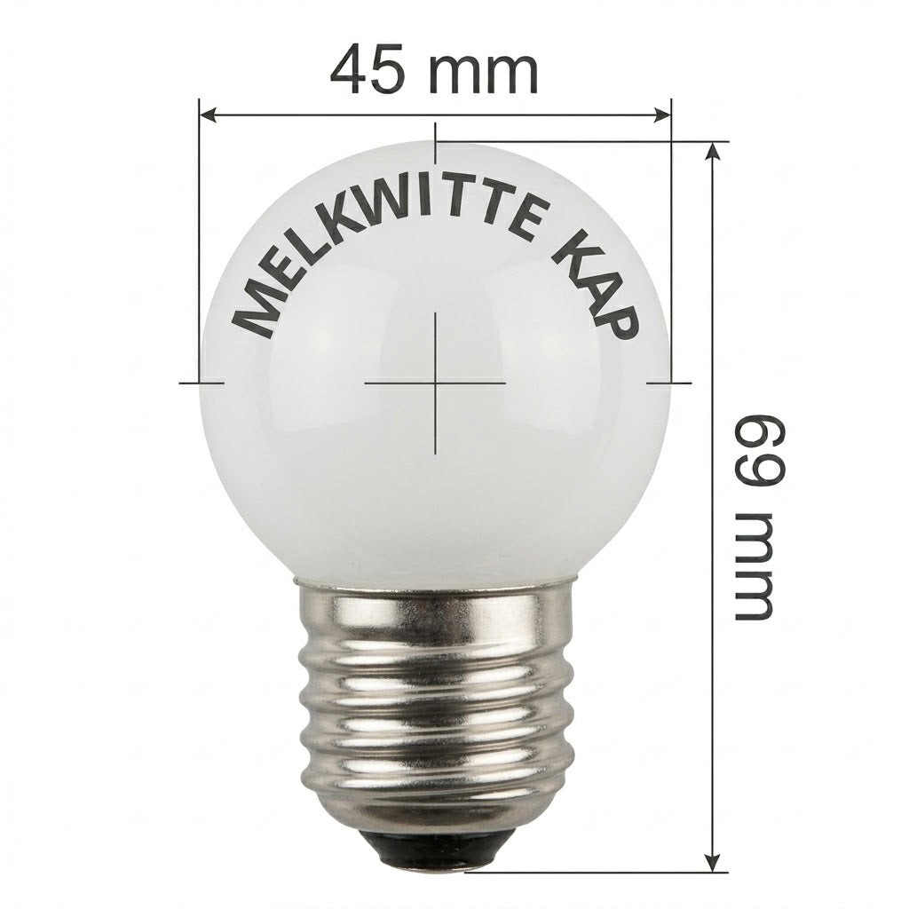 Realistische technische tekening van de Rimisa melkwitte kogel prikkabel lamp met E27 fitting, inclusief maten: 69mm hoog en 45mm diameter.