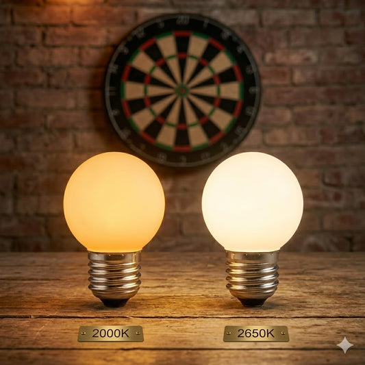 Een vergelijkingsfoto van twee Rimisa kogel ledlampen, brandend naast elkaar. Links de 2000K variant met een diepe amber gloed, rechts de 2650K variant met een warmere en vollere warm-witte gloed, in een industriële mancave setting.
