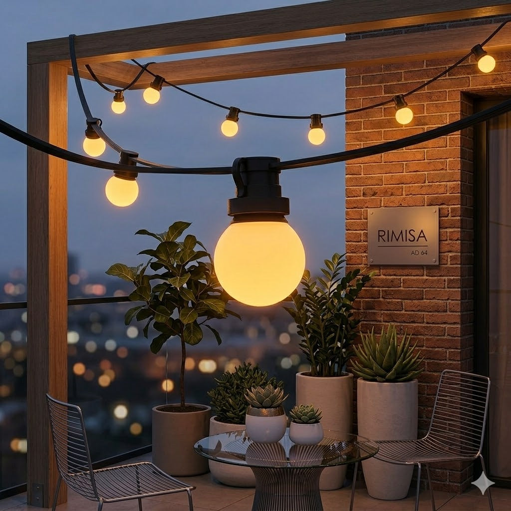 Gedetailleerde foto van een Rimisa kogel prikkabel met 2000K compacte ledlampen, die een diepe, zeer warme amber gloed verspreiden over een modern dakterras bij avondlicht.