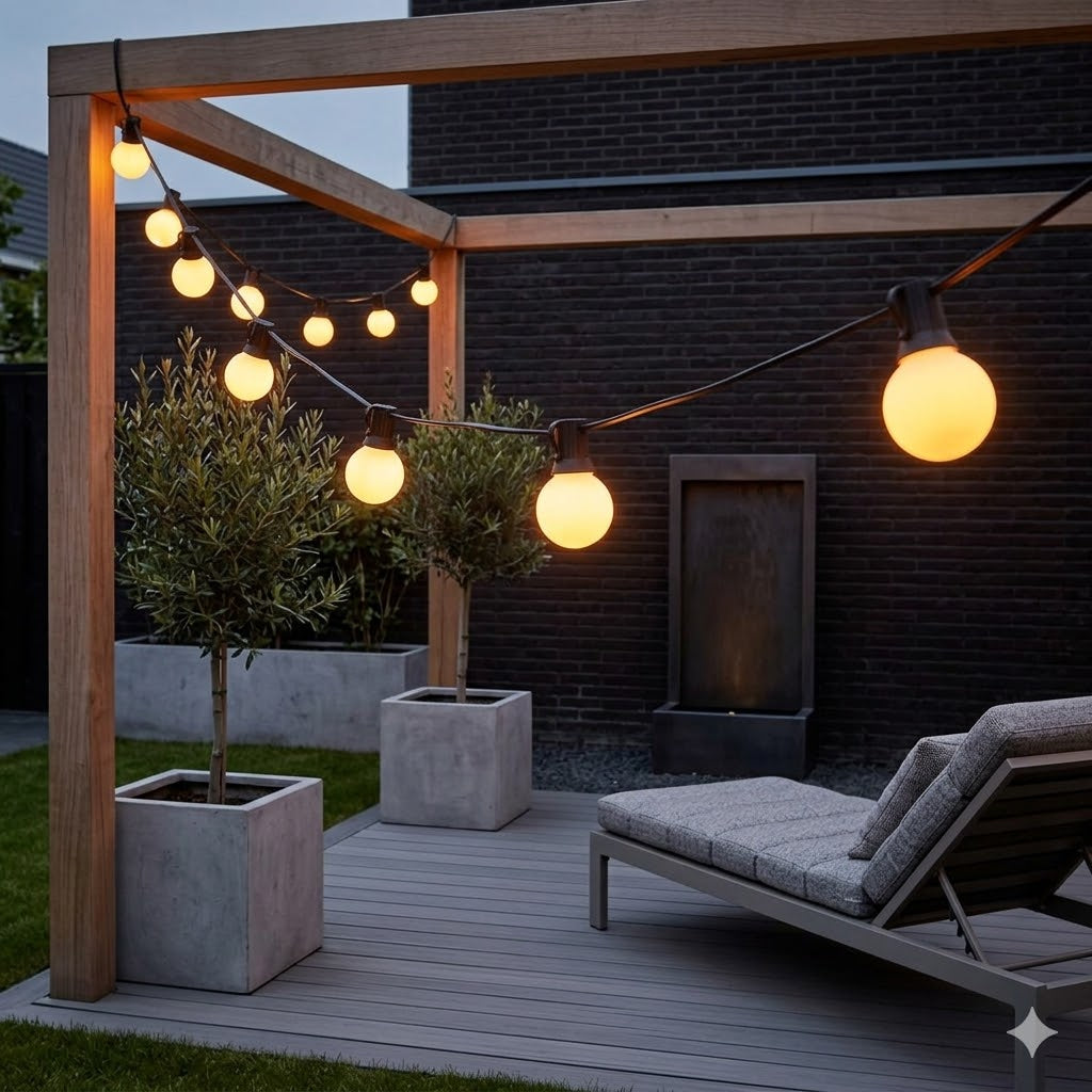 Een close-up van een Rimisa kogel prikkabel met 2000K lampen, brandend met een zeer warme amber gloed over een moderne stadse patio met olijfbomen en houten meubelen.