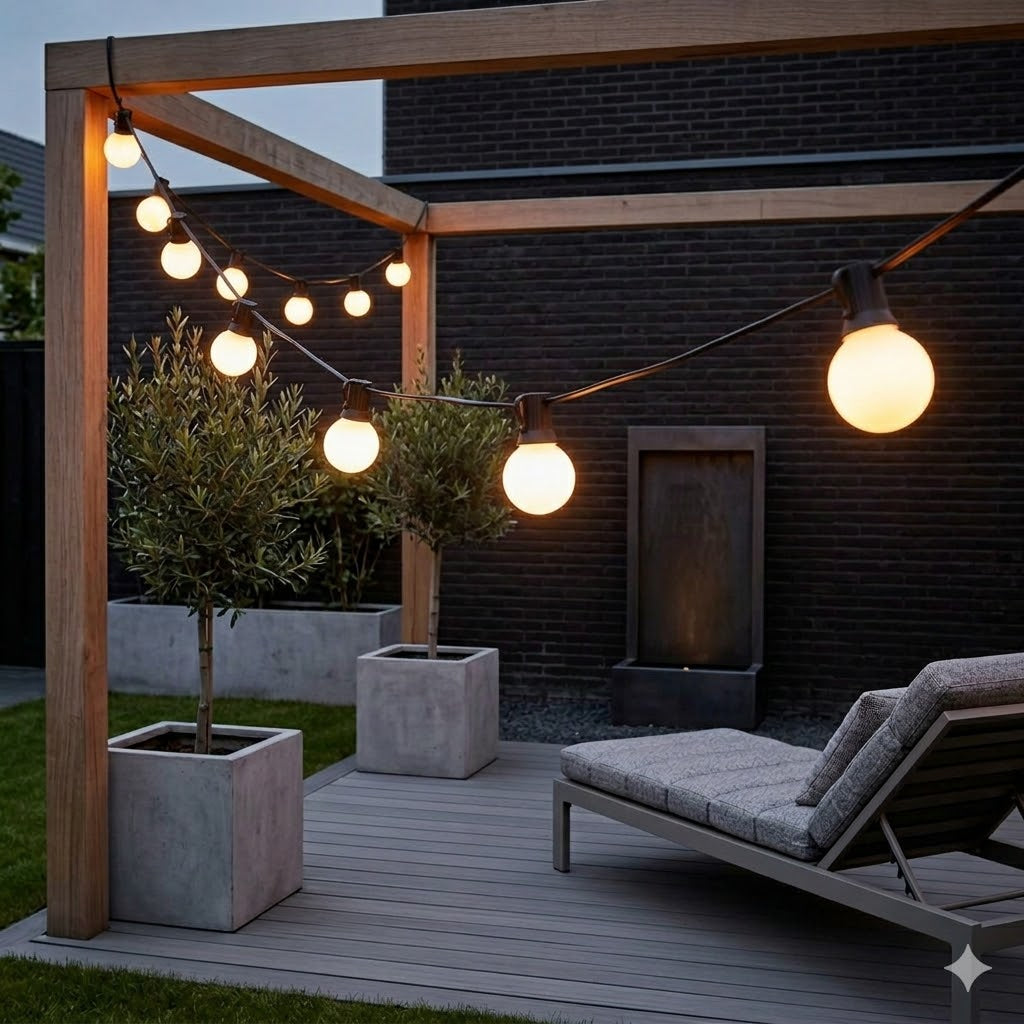 Een close-up van een Rimisa kogel prikkabel met 2650K lampen, brandend met een helderdere warm-witte gloed over een moderne stadse patio met olijfbomen en houten meubelen, ter vergelijking met de 2000K variant.