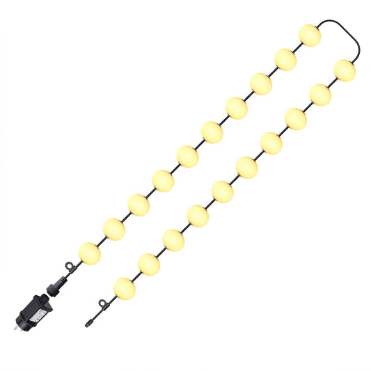 Rimisa lichtbollen snoer met 10cm diameter bollen en IP65 classificatie, compleet met 12V adapter, heldere productfoto op witte achtergrond.