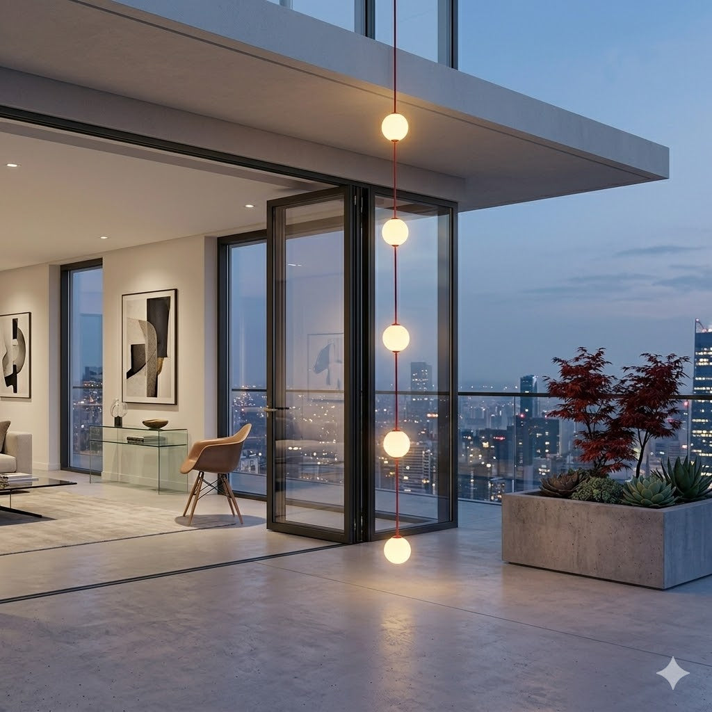 Het Rimisa IP65 lichtbollen snoer met 10cm diameter warmwitte bollen hangt verticaal op een luxe modern penthouse terras met uitzicht op de stad bij zonsondergang.