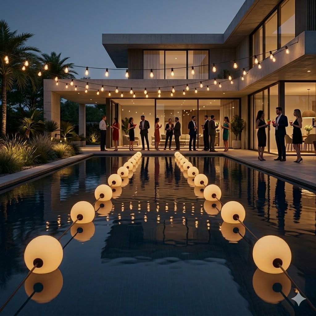 twee lichtbollen snoeren met 10 bollen in een zwembad  met daarboven twee prikkabels van Rimisa van 25M bij een luxe moderne poolparty tijdens de schemering