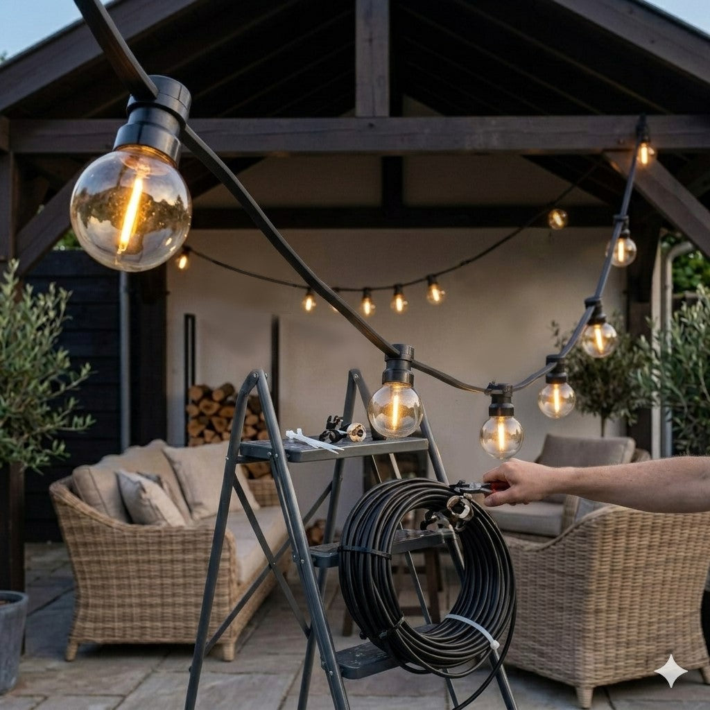 Montage van zwarte Rimisa E27 prikkabel fittingen onder een houten veranda. Een diagonale prikkabel toont warme LED-kogellampen (G45) op maat gemaakte, onregelmatige afstanden (een cluster boven de tafel), en uniforme grotere afstanden elders, tegen een sfeervolle achtergrond met een wicker tuinstel en olijfbomen.
