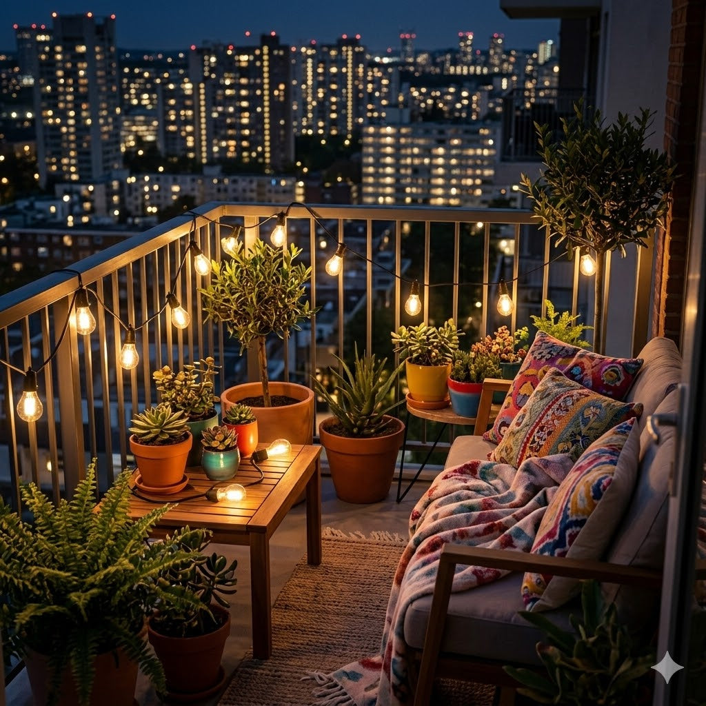 Sfeervolle Rimisa prikkabel van 10 meter gedrapeerd langs een metalen balkonreling en over een houten tafel, met Robuuste Dimbare E27 LED-lamp van Polycarbonaat en uitzicht over een verlichte stad. De stijl is moderne bohemien met planten en kussens.