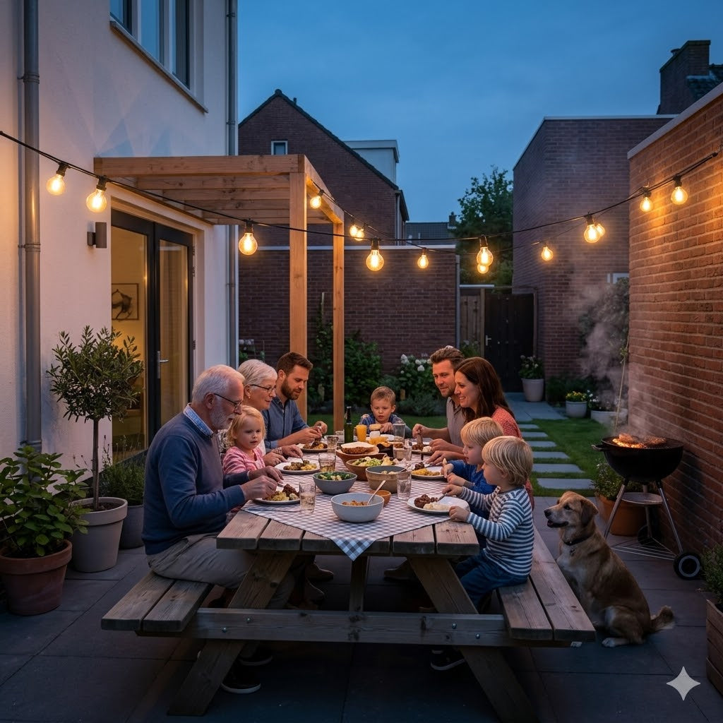 Gezellige familie BBQ met opa, oma en kinderen in een kleine, knusse stadstuin in Berghem, North Brabant, Netherlands, verlicht door een enkele 10 meter zwarte rubberen Rimisa prikkabel met warmwitte Edison-style LED-lampjes. De stijl is modern-landelijk met veel planten en een picnic tafel.