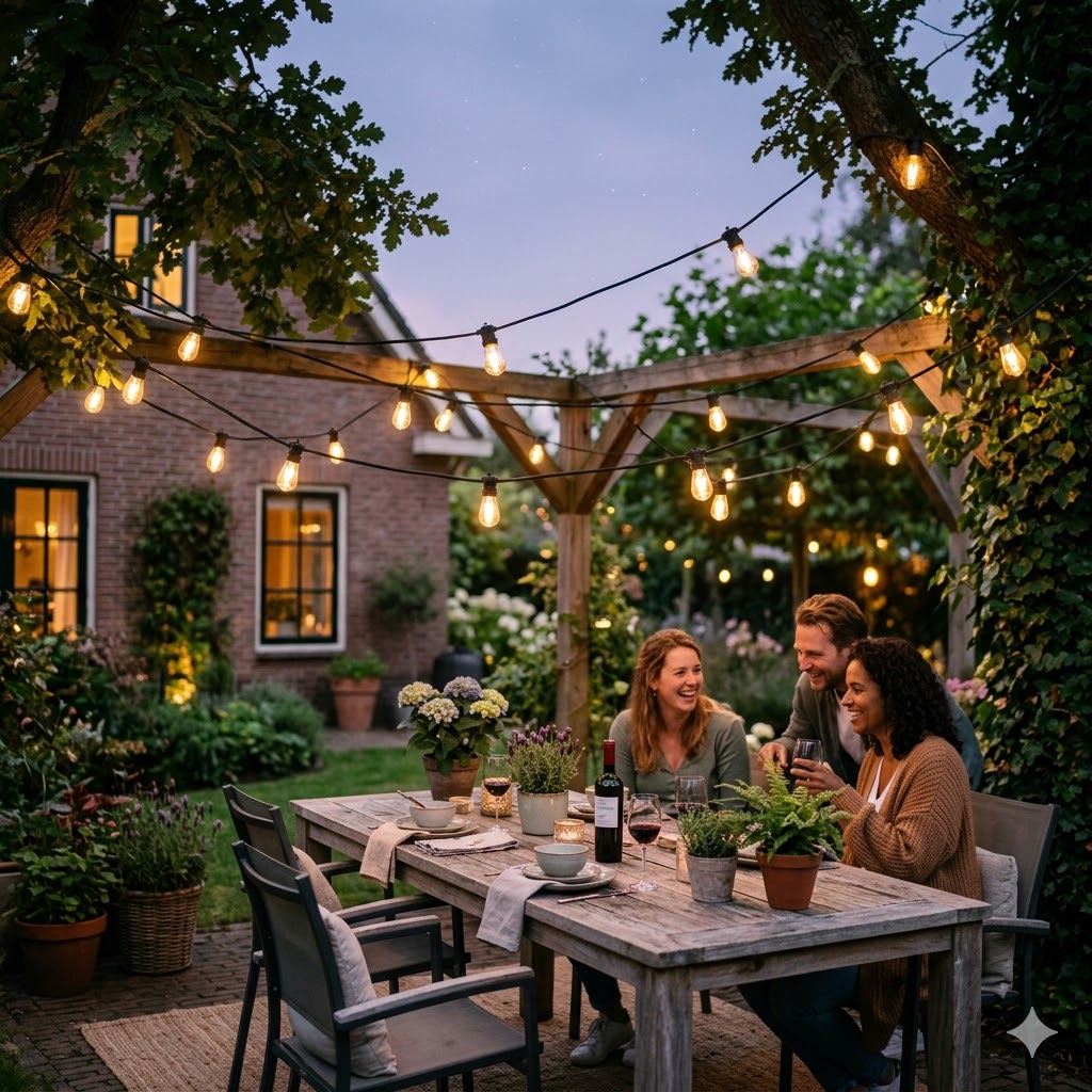 Sfeervolle zwarte rubberen prikkabel van 20 meter met 20 voorgemonteerde fittingen boven een houten tuintafel, compleet plug and play geleverd door Rimisa.