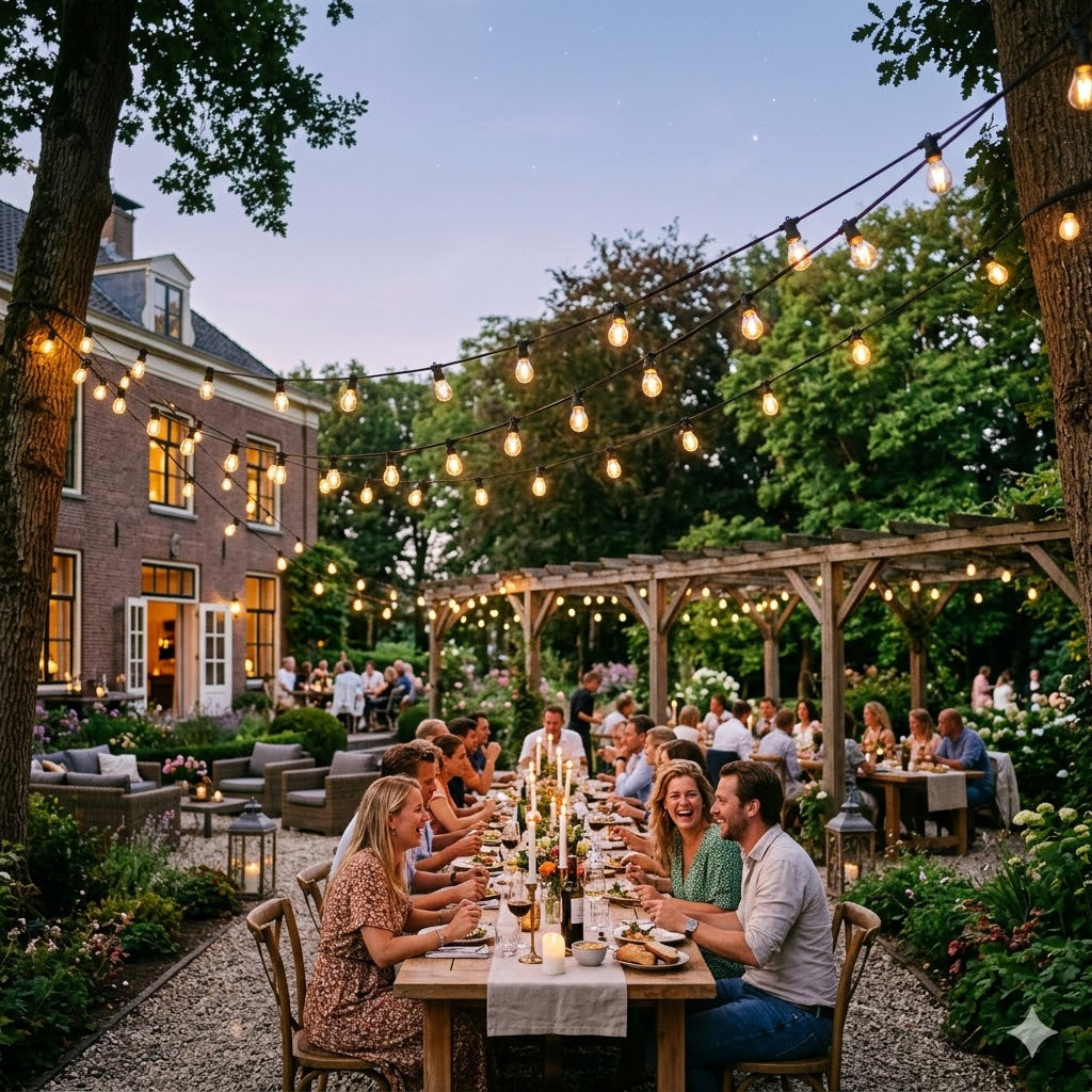Twee professionele zwarte rubberen prikkabels van 25 meter met elk 50 gemonteerde fittingen, sfeervol brandend boven een lange gedekte tafel tijdens een luxe tuinfeest, geleverd door Rimisa.