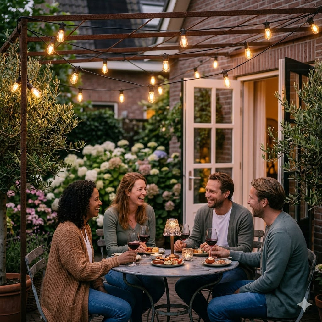 Een intiem en gezellig stadsterras tijdens de schemering, sfeervol verlicht door een 25 meter zwarte rubberen prikkabel van Rimisa, met vrienden genietend aan een ronde tafel.