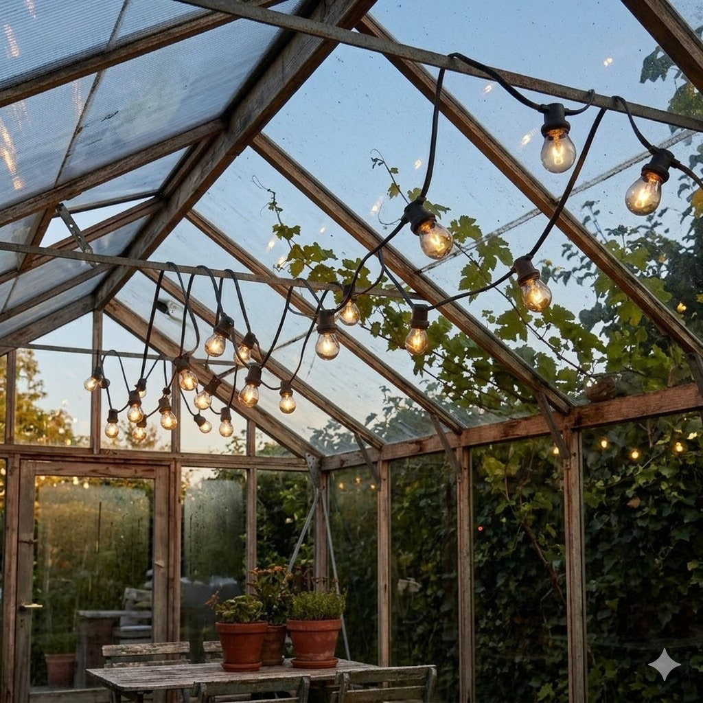 Een sfeervolle, overkoepelende opname in een houten serre bij schemering, met Rimisa LED-prikkkabel (25m, 0.6W lampen) die warm licht werpt boven een houten tafel en planten, met zicht op een weelderige tuin door de glazen panelen.