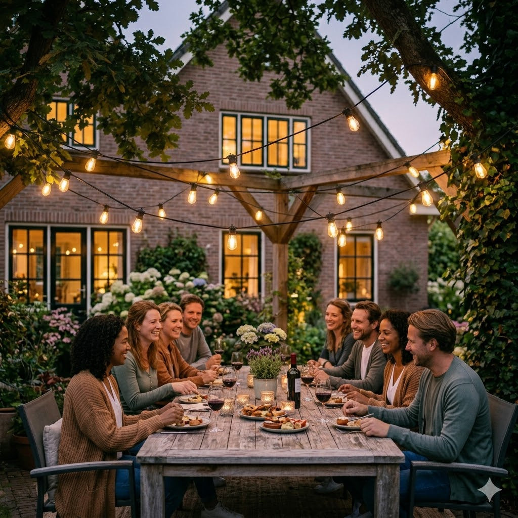 Een ruim terras met een lange houten tafel voor tien personen, verlicht door een 35 meter zwarte rubberen prikkabel die in lussen boven het gezelschap hangt, geleverd door Rimisa.