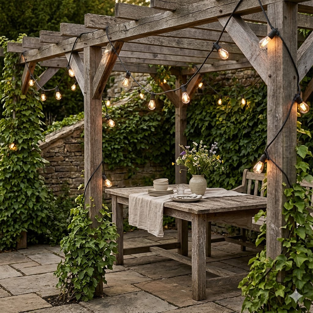 Rimisa prikkabel van 35 meter met 35 brandende warm LED filament lampen, over een houten pergola gespannen op een rustiek landelijk terras tijdens een zwoele avond.