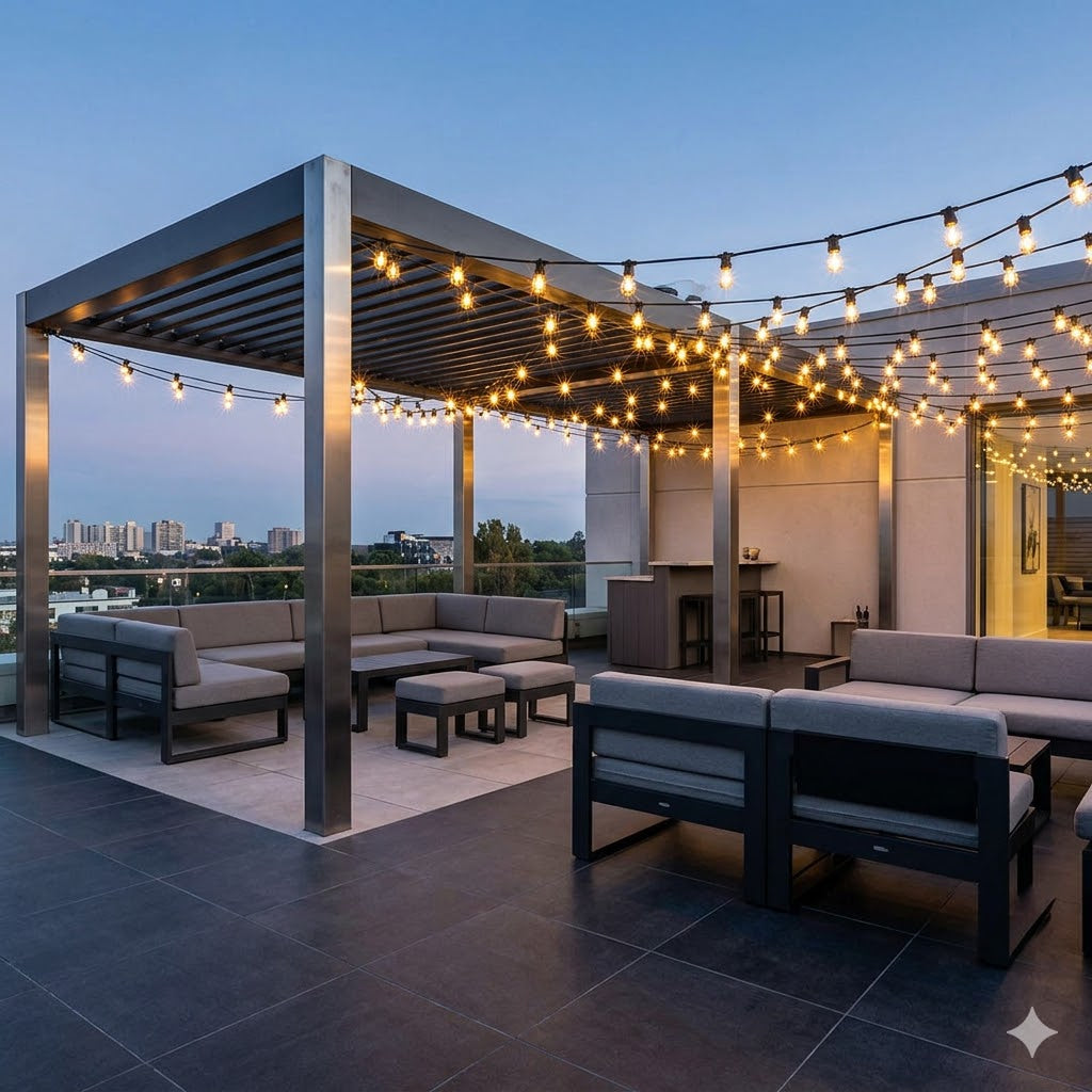 Rimisa prikkabel van 35 meter met 70 dicht op elkaar geplaatste, brandende warm LED filament lampen, in zigzag patronen gespannen over een modern dakterras bij zonsondergang voor een extra feestelijk effect.