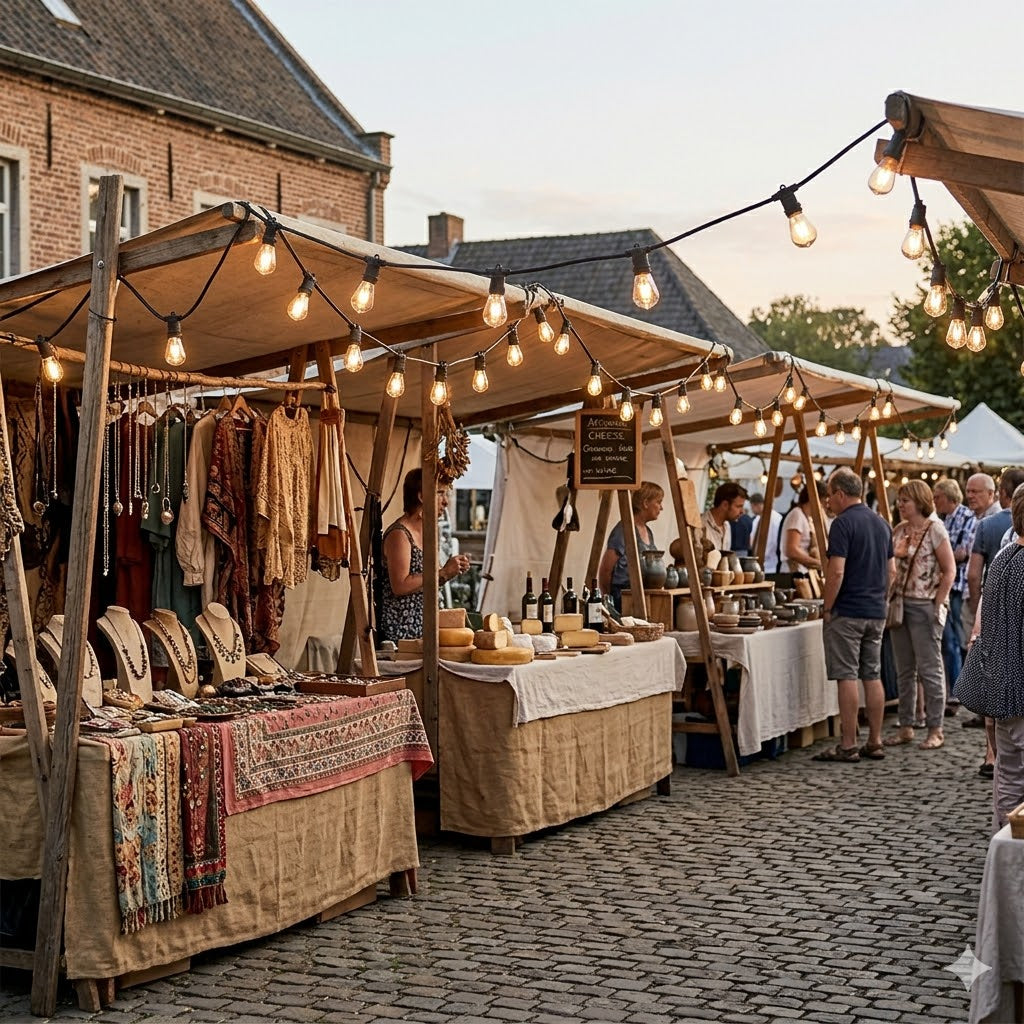 Rimisa prikkabel van 35 meter met 70 brandende warm LED filament lampen, over een rij eclectische marktkramen gespannen op een gezellige braderie tijdens de vooravond