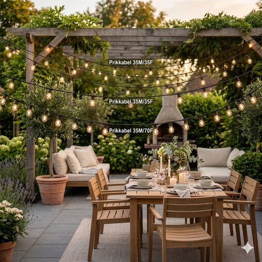 Sfeervolle foto van de Rimisa prikkabel van 35 meter in een landelijke tuin, waarbij de variant met 35 fittingen (grotere afstand) visueel wordt vergeleken met de variant met 70 fittingen (kleinere afstand) via tekstlabels.