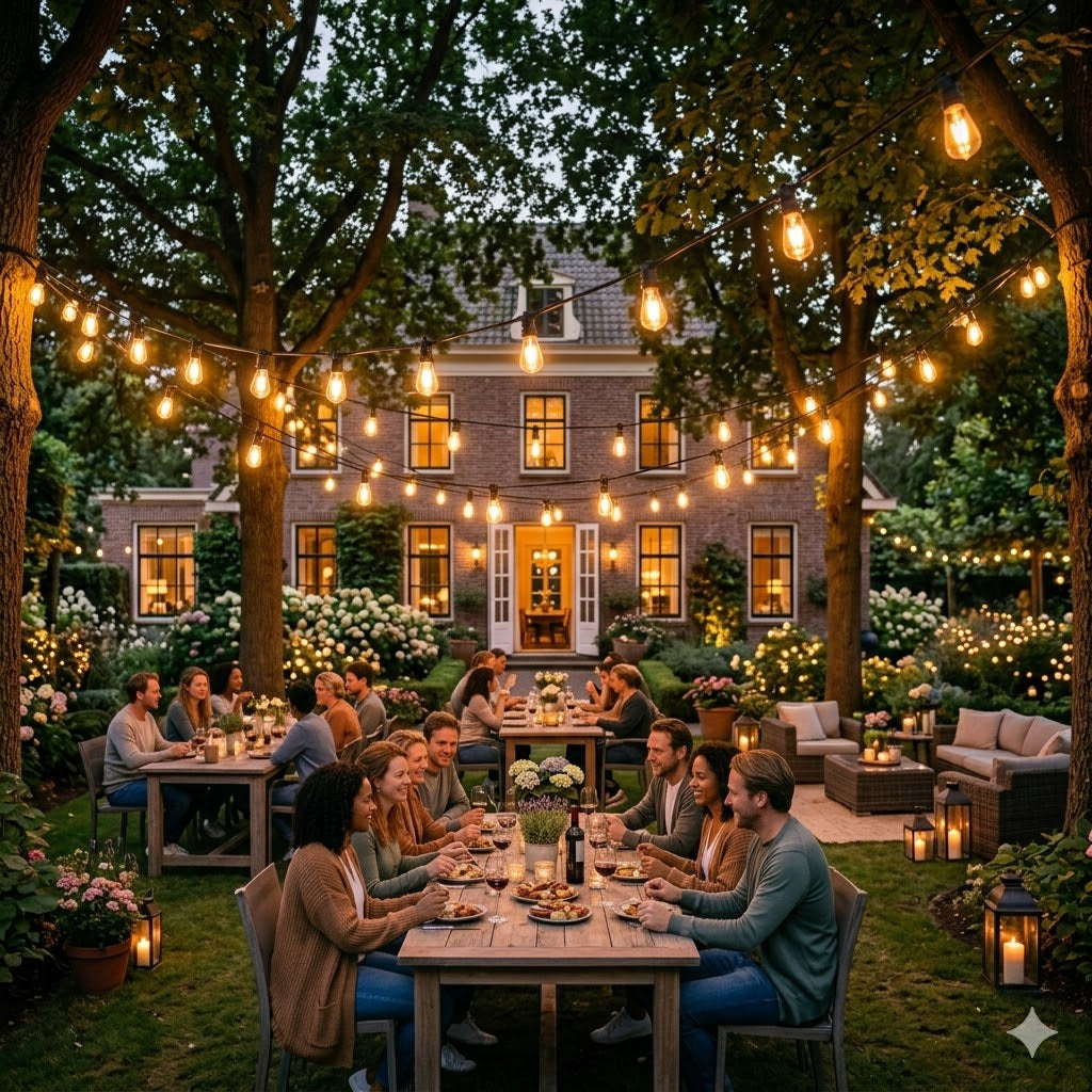 Een indrukwekkend verlichte tuin bij een groot landhuis, waar meerdere 50 meter zwarte rubberen prikkabels van Rimisa zorgen voor een magisch lichtplan boven verschillende gedekte tafels.