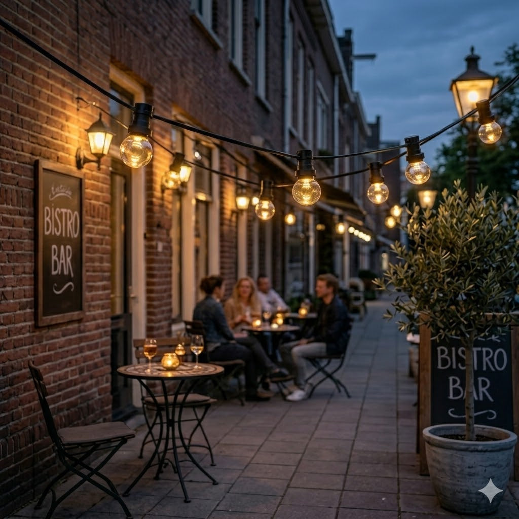 Een sfeervolle detailopname van een buitenpatio van een bistrobar bij invallende schemering. De sfeer is optimaal door de prikkabel met de polycarbonaat prikkabel ledlampen van 1 Watt die tegen een stootje kunnen. Daaronder zitten drie vaag gefocuste gasten aan tafels en stoelen te genieten van drankjes en gesprekken.