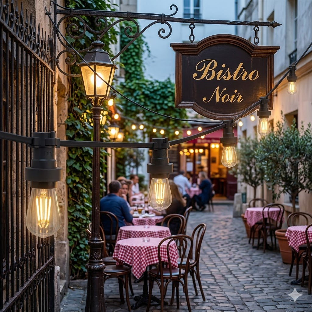 Gezellig Franse bistroterras in een smalle straat bij schemering, verlicht door een prikkabel met E27 LED filamentlampen en afgemonteerde prikkabel fittingen.