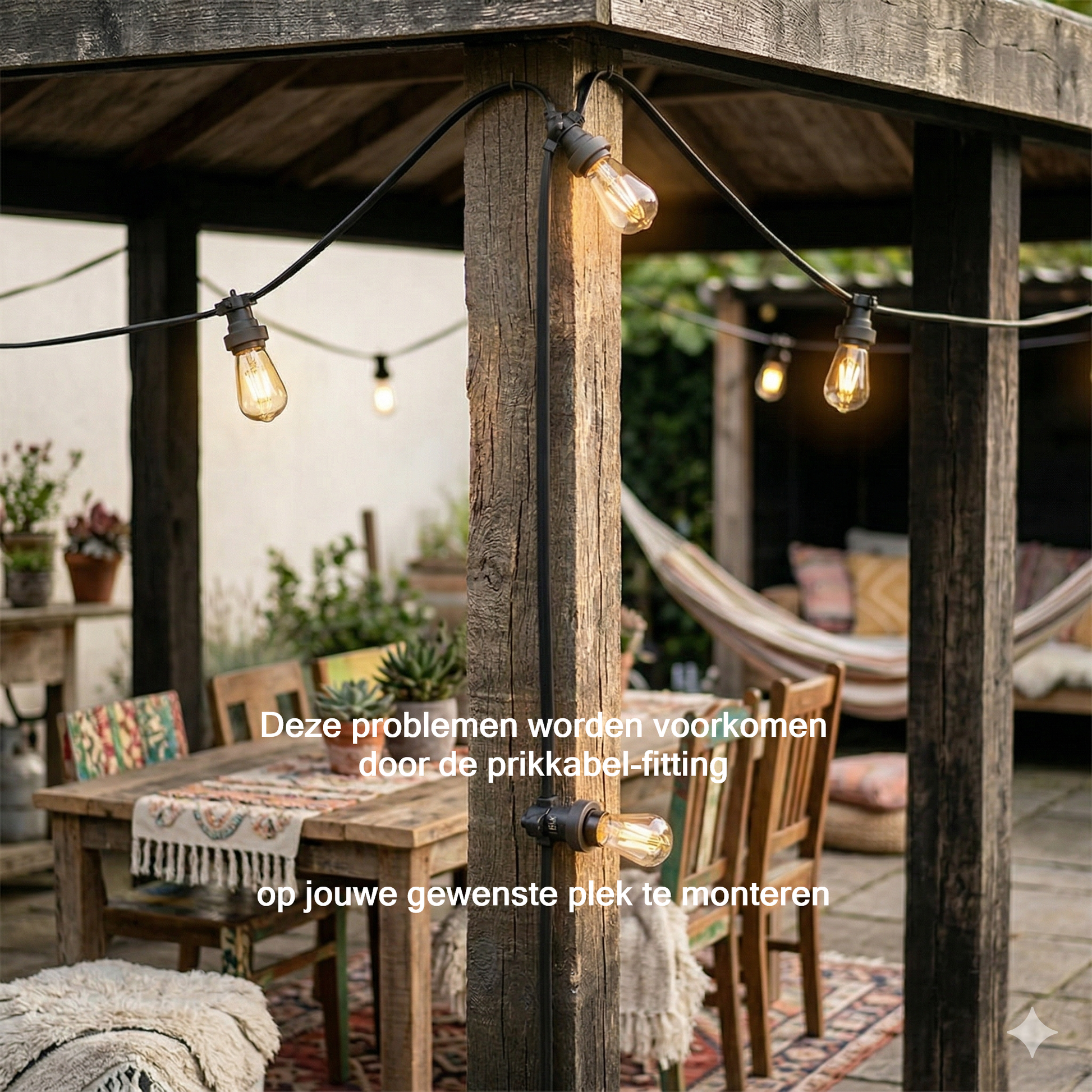 Zwarte DIY prikkabel fitting gemonteerd op een houten paal van een bohemien terrasoverkapping, met zichtbare E27 LED filament lamp en 'DIY' gravure.