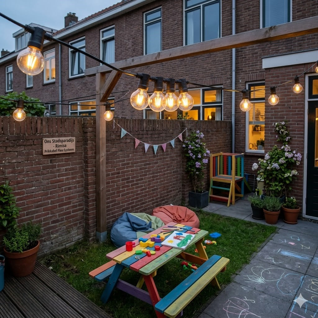 Montage van Rimisa E27 prikkabel fittingen in een kleine stadstuin. De diagonale zwarte kabel toont warme LED-kogellampen (G45) op maat gemaakte, onregelmatige afstanden, met een cluster boven de kindertafel en bean bags, en uniforme grotere afstanden elders. Tegen een sfeervolle achtergrond met een rijtjeshuis, planten in potten, een kinderpicknicktafel met speelgoed, en een kleine houten veranda