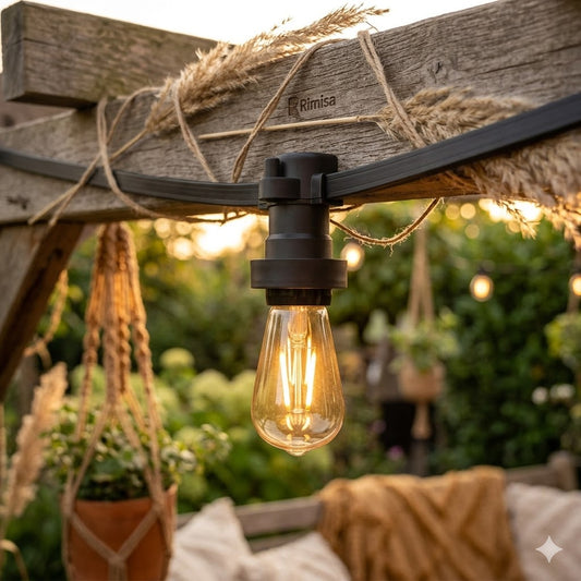 E27 prikkabel-fitting, volledig gemonteerd  hangend aan een rustieke houten pergola in een sfeervolle Bohemien-stijl tuin bij zonsondergang, met een brandende vintage filamentlamp.
