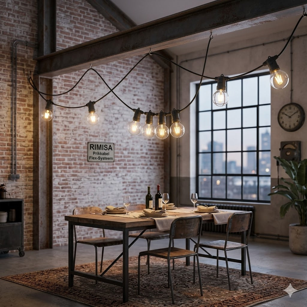 Een sfeervolle, industriële loft-setting met zwarte Rimisa E27 prikkabel fittingen gemonteerd onder een metalen balk. De foto toont duidelijk de flexibiliteit van het systeem: de LED-kogellampen hangen op maat gemaakte, onregelmatige afstanden van elkaar, met een cluster boven de tafel en grotere afstanden elders langs de kabel.