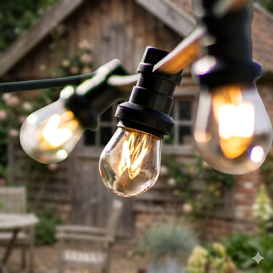 Een sfeervolle e-commerce productfoto van een Rimisa prikkabel LED-filamentlamp, scherp in focus, met een warme gloed. Op de achtergrond is een prachtig, vervaagd tuinhuis (bokeh) zichtbaar, met rozen en tuinmeubilair onder een canvas overkapping.