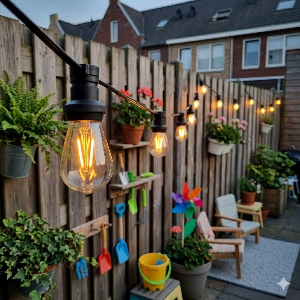 Rimisa zwarte prikkabel met dimbare 3W LED filament lampen voor prikkabel, sfeervol verlicht in een stadstuin van een rijtjeshuis, gemonteerd langs een houten schutting met bloempotten en speelgoed.