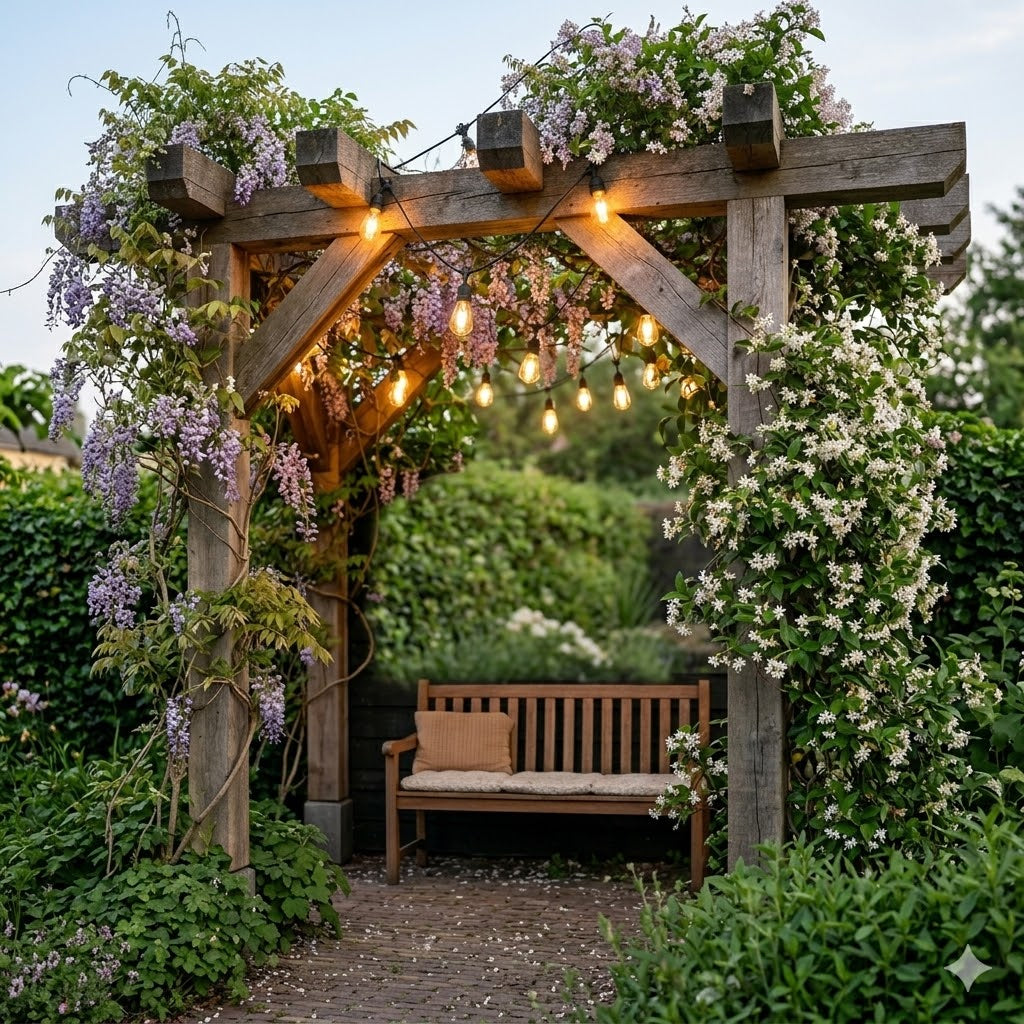 Rimisa dimbare 3 Watt LED filament lamp met zeer warme 2000K lichtkleur, toegepast in een zwarte prikkabel die is gemonteerd op een landelijke houten pergola met bloeiende klimplanten en een houten bankje.