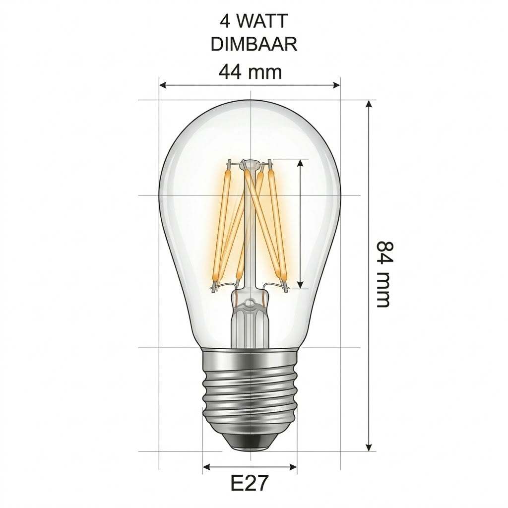 Een gedetailleerde technische illustratie van de Rimisa dimbare prikkabel LED-lamp (G45/ST14 vorm). De heldere polycarbonaat bol toont de complexe, warm-gloeiende filamentstructuur. Duidelijke maataanduidingen tonen 44 mm breedte en 84 mm hoogte. Inclusief E27 fitting en labels voor 4 Watt en Dimbaar.