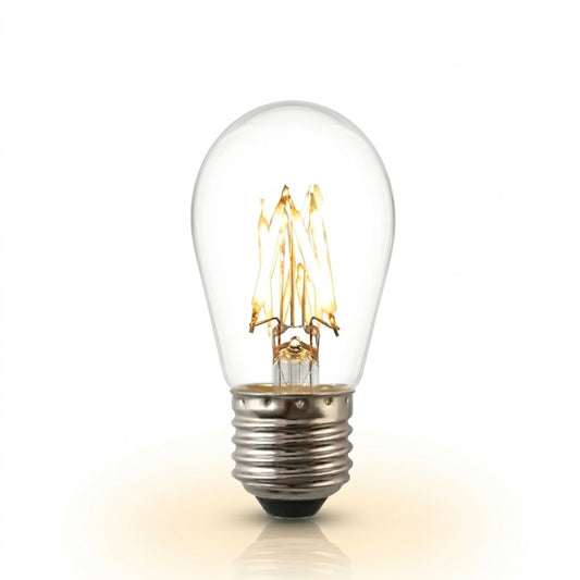 Een onberispelijke, heldere polycarbonaat prikkabel LED-lamp van 4 Watt van Rimisa, met een gedetailleerde, gloeiende warmwitte filamentstructuur (2000K-2650K), centrale focus op een pure witte achtergrond, perfect voor e-commerce.