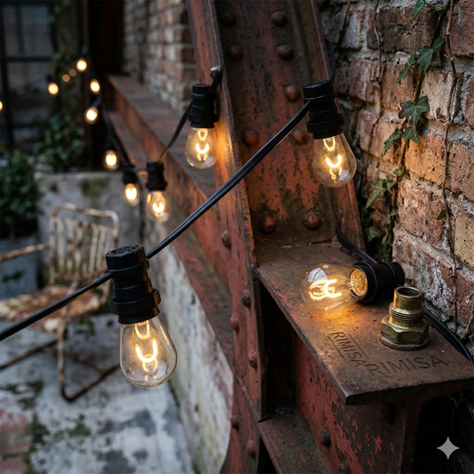 Een string van Rimisa 0,6W prikkabel LED-lampen met U-vormig filament hangt in een sfeervolle, industriële buitenomgeving met een verweerde stalen balk en bakstenen muur.