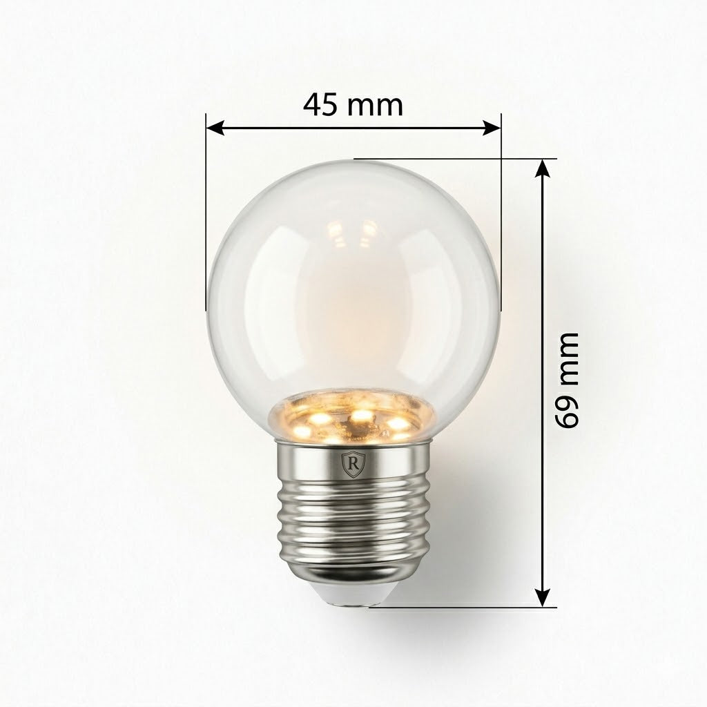 Een Rimisa-gestylede maattekening van de bol prikkabel LED-lamp met onbreekbare polycarbonaat heldere bol De afbeelding toont het product tegen een schone witte achtergrond met duidelijke, elegante maatlijnen en teksten. De diameter van de bol is 45 mm en de totale hoogte is 69 mm. 