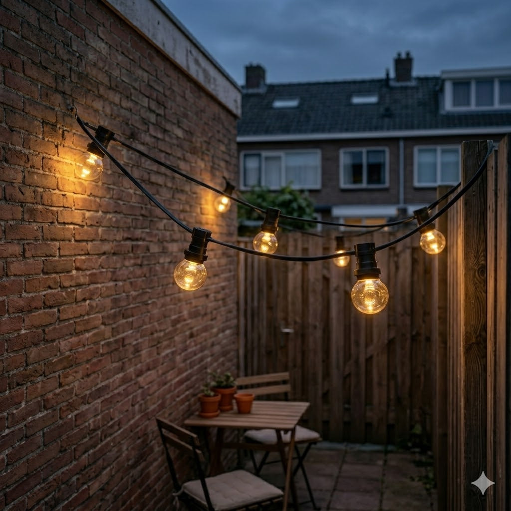 Een sfeervolle detailopname van een achtertuin in een rijtjeswoning bij invallende schemering. Een prikkabel van brandende Edison-stijl model kogel prikkabel lampen  hangt in de voorgrond. Daaronder staan een houten bistrotafel en twee stoelen met kussens, en drie terracotta potten op de grond. 