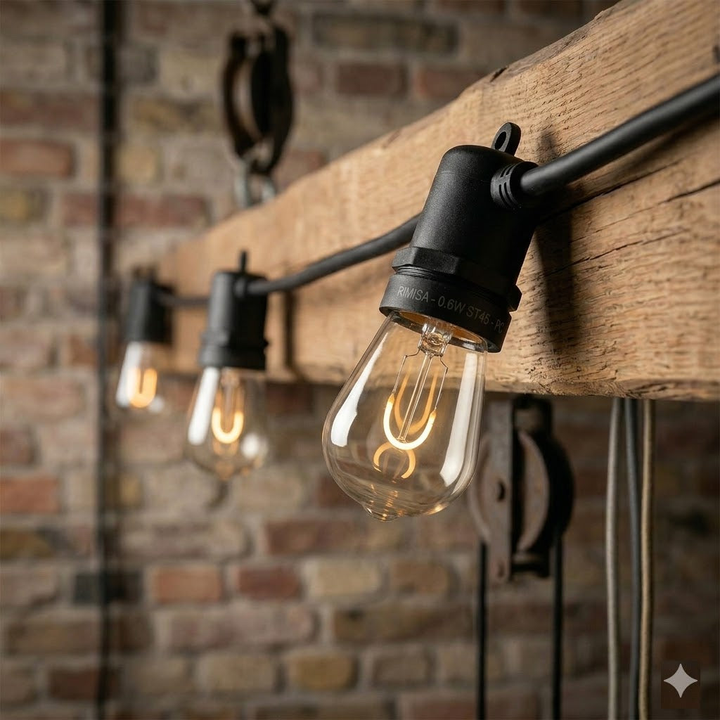 Een gedetailleerde, industriële-rustieke interieuropname van Rimisa-prikkabelverlichting, gemonteerd op een verweerde houten balk tegen een bakstenen muur, met de gecorrigeerde ST45 LED-lampen die elk een brandend, U-vormig boog-filament tonen en de Rimisa-gravure op de fittingen dragen.
